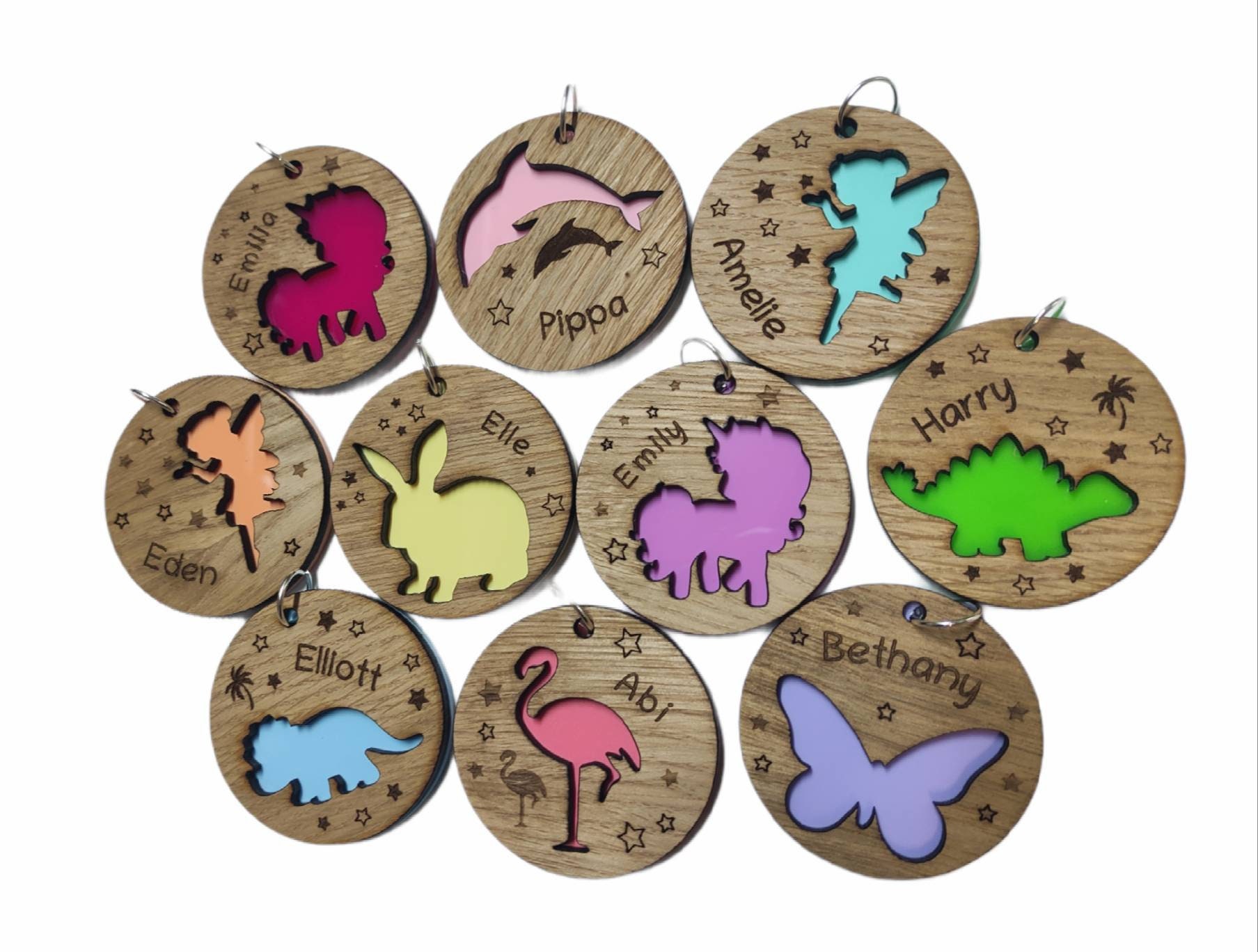 Personalised Keyring with a colour cut out of different animal designs, with a custom name engraved